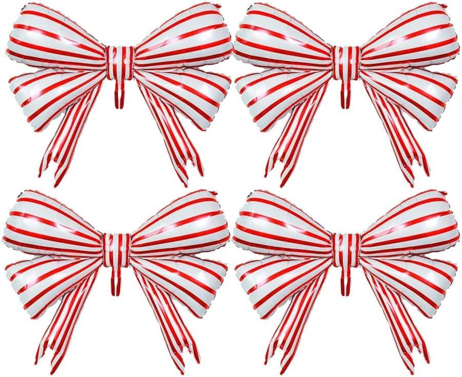 4pcs Bow Mylar Balloons, 30inch Red and White Striped Bow Foil Balloon for Wedding Baby Shower Bow-Themed Birthday Balloons Party Decorations AnnoDeel