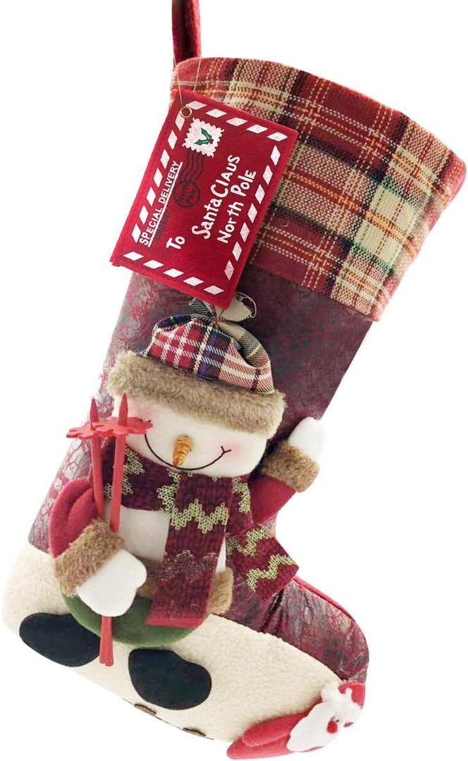 21 inch Plaid Christmas Stockings Snowman with Santa Claus One Piece, Felt Large Plush 3D Snowman Design Hanging Xmas Stocking for Girls Boys Gift Tree Mantel Party Dcor (Red Snowman)