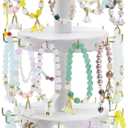 Pinzoveco Bracelet Holder, 3 Tier Wooden Rotating Bracelet Display Stand, Tree Stand Vendor Booth Display with Advertising Board, 36 Hooks for Bracelet, KeyChain Display Stand, White (Patent Pending)