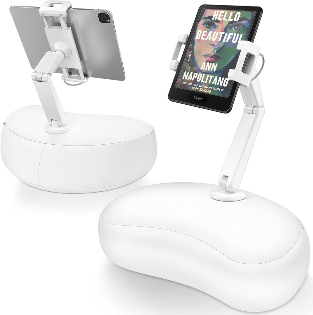 AboveTEK Tablet Pillow Stand for Bed, Hands-Free 360 Adjustable iPad Pillow Holder for Lap Reading w/Soft Bean Bag, Ideal Gift for Mom, Fits 4.7" to 12.9" Tablet, Phone, Kindle, White