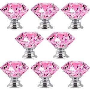 8 Pack Pink Crystal Cabinet Knobs Pulls, 30mm Diamond Glass Decorative Kitchen Cabinet Handles for Dresser Drawer, Bedroom Wardrobe Pulls Bathroom Desk Knobs (8 Pack, Pink)