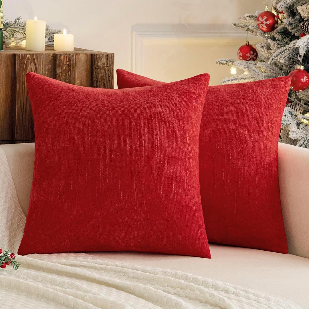 MIULEE Pack of 2 Christmas Decorative Throw Pillow Covers Soft Chenille Throw Pillows Solid Textured Cushion Covers for Couch Sofa Bedroom Living Room 18x18 Inch, Red
