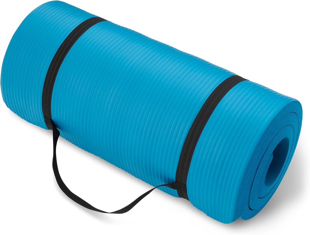 Amazon Basics 1-Inch Extra Thick Workout Exercise Yoga Mat with Carrying Strap, Textured Non-Slip Surface, Memory Foam, 74" x 24", Aqua