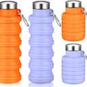 Baderke 2 Pcs Collapsible Water Bottles 17oz Silicone Travel Foldable Portable Water Bottle with Buckle Silicone Lightweight Reusable Leakproof for Camping Hiking Cycling Sport(Purple, Orange)