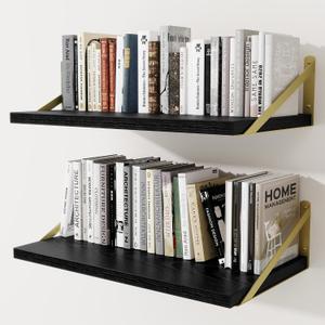 12" Deep Wall Shelves with Gold Metal Brackets, 24" Wide, Black, 2pcs