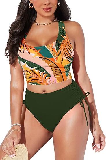 Pink Queen Women's Scoop Neck Racerback Ruched Crop Top High Waisted Bikini Sets 2 Piece Swimsuit Bathing Suit, M,  Tropical Green