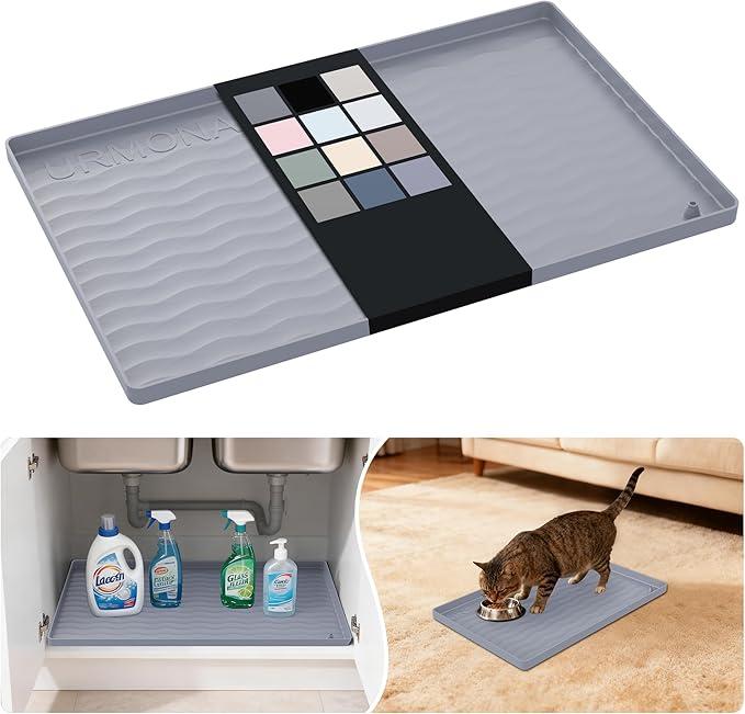 URMONA Waterproof Silicone Under Sink Mat 22'' x 14'' Shelf Liner for Kitchen and Bathroom, Cabinet and Counter Protector, Storage and Organizers, Litter Mat, Pet Cat Puppy Essentials(Light Grey)