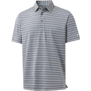 Rouen Mens Golf Shirt Moisture Wicking Dry Fit Performance Stripe Casual Collared Short Sleeve Golf Polo Shirts for Men (Gray, M)