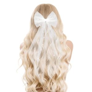 Bridal Pearl Hair Bow Veil Bridesmaid Large Hair Bow Wedding Veil with Barrette Bachelorette Party Decorations Bridal Bridesmaid Gift (White)