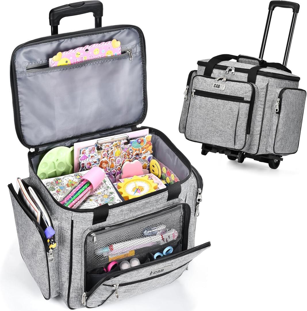 CAB55 Rolling Craft Bag, Tote Bag with Wheels for Women, Rolling Teacher Bag with Removable Folding Hand Truck (Grey)