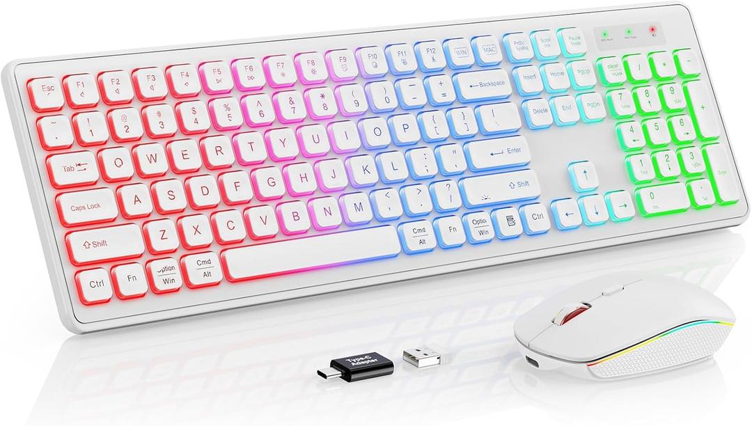 Wireless Keyboard and Mouse - RGB Backlit, Rechargeable & Light Up Letters, Full-Size, Ergonomic Tilt Angle, Sleep Mode, 2.4GHz Quiet Keyboard Mouse for Mac, Windows, Laptop, PC, Trueque (White)