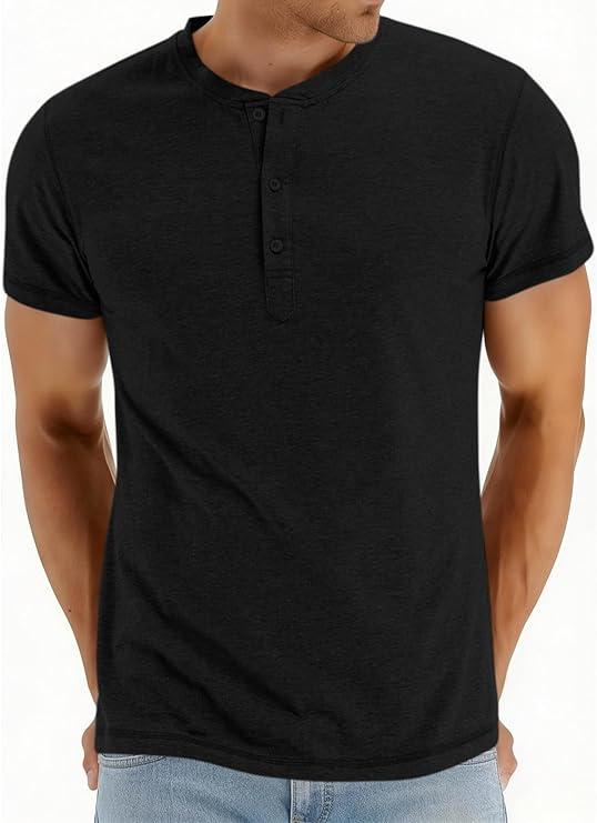 LIFROWI Mens Henley Shirts Short Sleeve Mens T-Shirts Casual V Neck T Shirts Soft Notch Neck Tee Summer Classic Plain Shirts for Workout(1-Black,Medium)