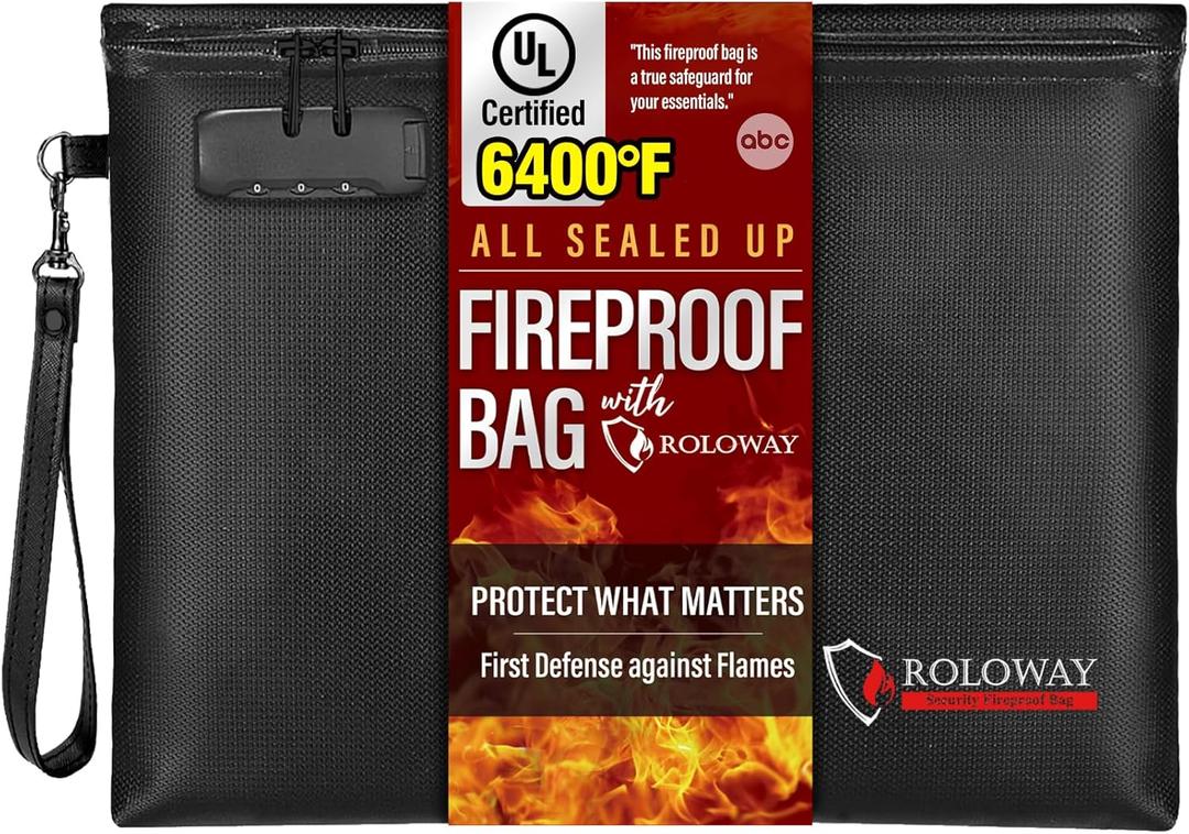 ROLOWAY Fireproof Document Bag (14.5 x 11.5 inch), 6400 Fireproof Money Bag with Zipper for Cash, Fire Safe Money Pouch with Lock (Black)