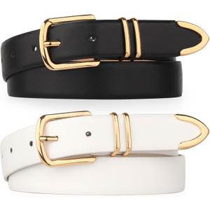 Monoluxe Pack 2 Women Belts for Ladies Jeans Pants with Fashion Faux Leather Gold Buckle (Black&white)