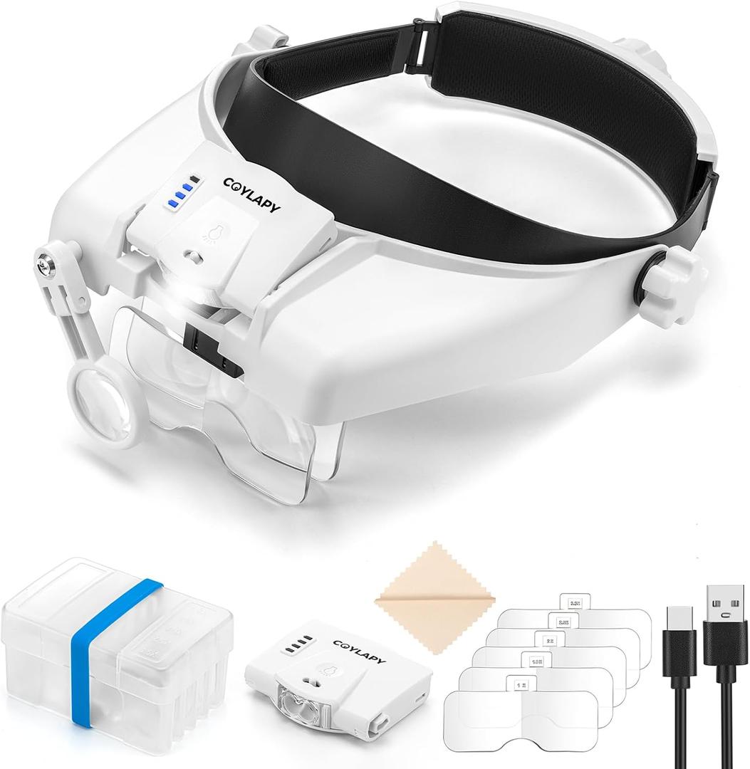 Magnifying Glasses with Light, Headband Magnifying Glasses for Close Work, 1x - 14x Hands-free Magnification Headset with 5 Lenses & Two Led Lamps, Jewelers Loupe Visor Head Magnifier for Hobby, Craft (White) Magnifying Glasses with Light, Headband Magnifying Glasses for Close Work, 1x - 14x Hands-free Magnification Headset with 5 Lenses & Two Led Lamps, Jewelers Loupe Visor Head Magnifier for Hobby, Craft (White)