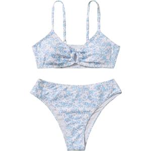 OYOANGLE Girl's 2 Piece Ditsy Floral Bikini Swimsuit Ring Linked Ruched Bathing Suit Blue, 8-9Y