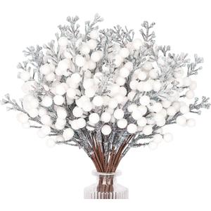 HOHOTIME 36Pcs Christmas Glitter Berries Stems, 9.5 Inch Artificial Christmas Tree Picks for Christmas Tree Decorations Ornaments DIY Crafts Vases Holiday Wedding Home Xmas Decor(White)