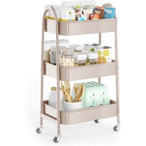 EAGMAK 3 Tier Utility Rolling Cart, Metal Storage Cart with Handle and Lockable Wheels, Multifunctional Storage Organizer Trolley with Mesh Baskets for Kitchen, Living Room, Office, Garage (Beige) (Normal)