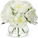 Hollyone Fake Flowers White Peonies Artificial Flowers Faux Flowers with Vase Peony Silk Flower Arrangements in Glass Vase with Faux Water for Home Decor Bathroom Table Centerpiece Shelf Decorations