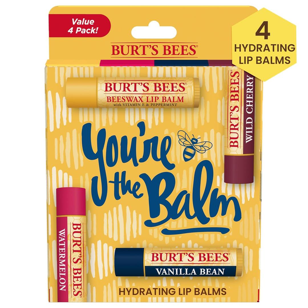 Burt's Bees You're the Balm Lip Balm Pack, Mothers Day Gifts, With Beeswax, Wild Cherry, Watermelon and Vanilla Bean Flavors, Tint-Free, Natural Origin Lip Treatment, 4 Tubes, 0.15 oz