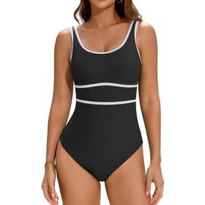 Cromi Womens One Piece Swimsuits Color Block Bathing Suit Sport Swimwear Slimming Modest Monokini (X-Large, 1 Black White)