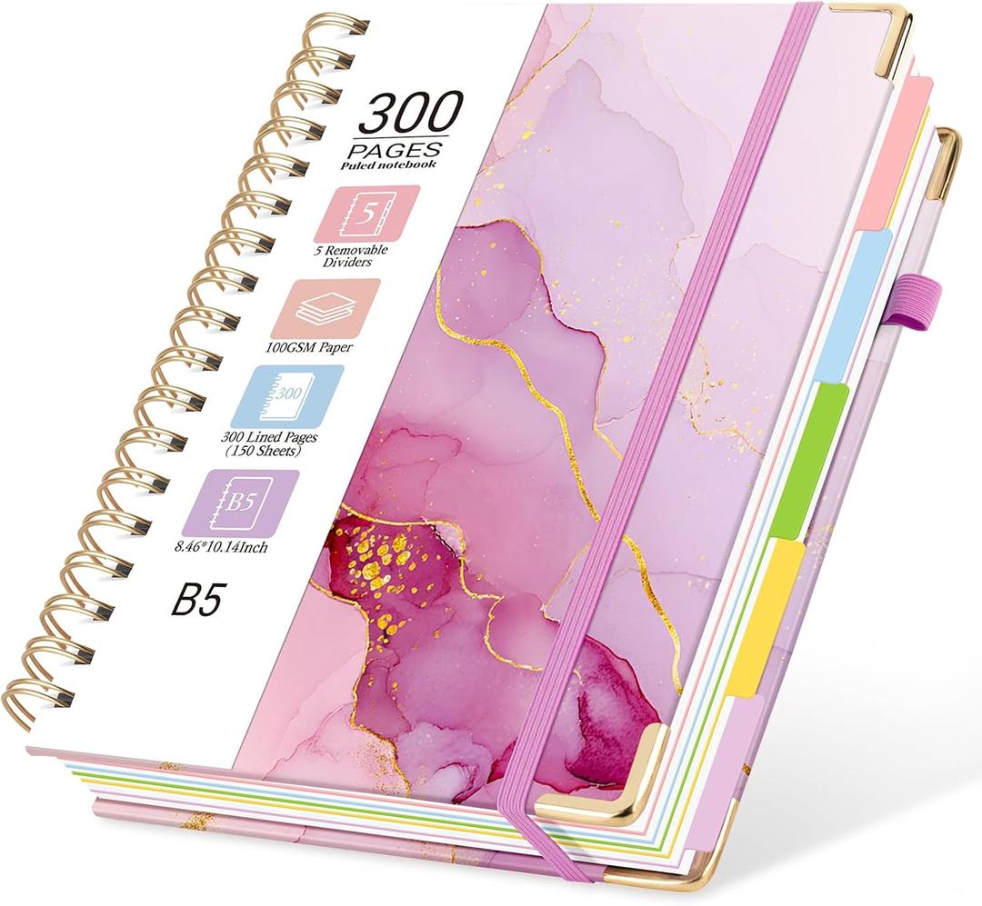 Hardcover Spiral Journal Notebook, 300 Pages 5 Subject Notebook College Ruled with Removable Dividers Tabs, 8" x 10" Notebooks for Work, Spiral Ruled Lined Writing Journal Hardcover Leather Notebook for School (Purple marble, 8''x 10'')