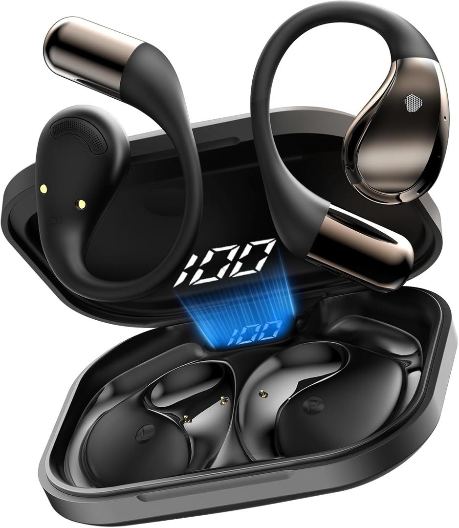 Open-Ear Headphones, Bluetooth 6.0 Wireless Earbuds Powerful Sound, 40H Open Ear Earbuds with ENC Mic, Adjustable Ear Hooks/IP7 Waterproof/Ultra-Comfort Earphones for Workouts/Running, Black