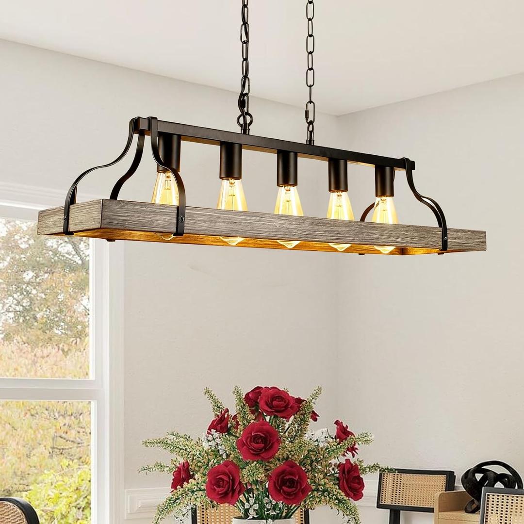 5-Light Rustic Farmhouse Chandelier, 33.5" Linear Black Metal & Retro Wood Finish, Industrial Dining Room Light Fixture Over Table, Hanging Pendant Light for Kitchen Island (E26)
