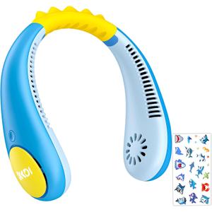 Kids Neck Fan with Shark Sticker, Bladeless Fan for Kids, Safe Portable Rechargeable Cooling Fan for 4-14Y Boys, 2600mAh Personal Fans for Your Neck, 4 Speeds & Lightweight, Summer Gifts for Kids (Dark Blue-Shark)