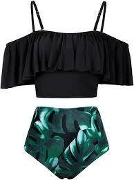 Kaei&Shi High Waisted Flounce Bikini Set,Tummy Control Swimsuits for Women,Off Shoulder Large