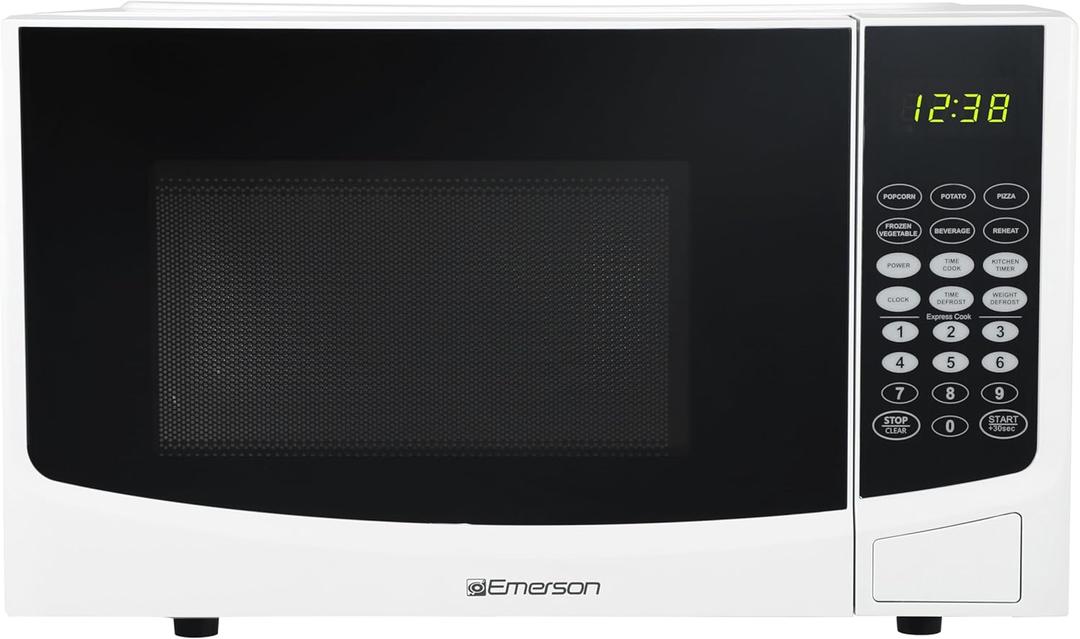 Emerson 0.9 Cu. Ft. Compact Countertop Microwave Oven with Touch Control, LED Display, 900W, 6 Auto Menus with Removable Glass Turntable and Child Safety Lock, MW9255W, White