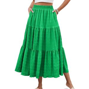 HUSKARY Women's Summer Casual Elegant Smock Layered Tiered Maxi Skirt High Waisted A Line Flowy Long Skirts with Pockets (Green, L)