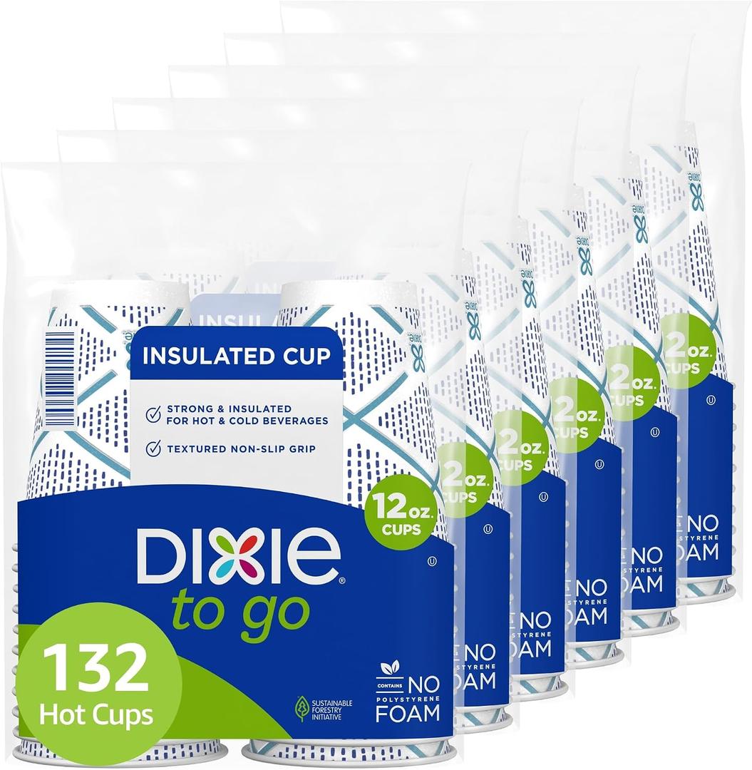 Dixie To Go Paper Coffee Cups, 12 oz, 132 Count (6 packs of 22 cups), Disposable Insulated Paper Cups for On-The-Go Hot or Cold Beverages