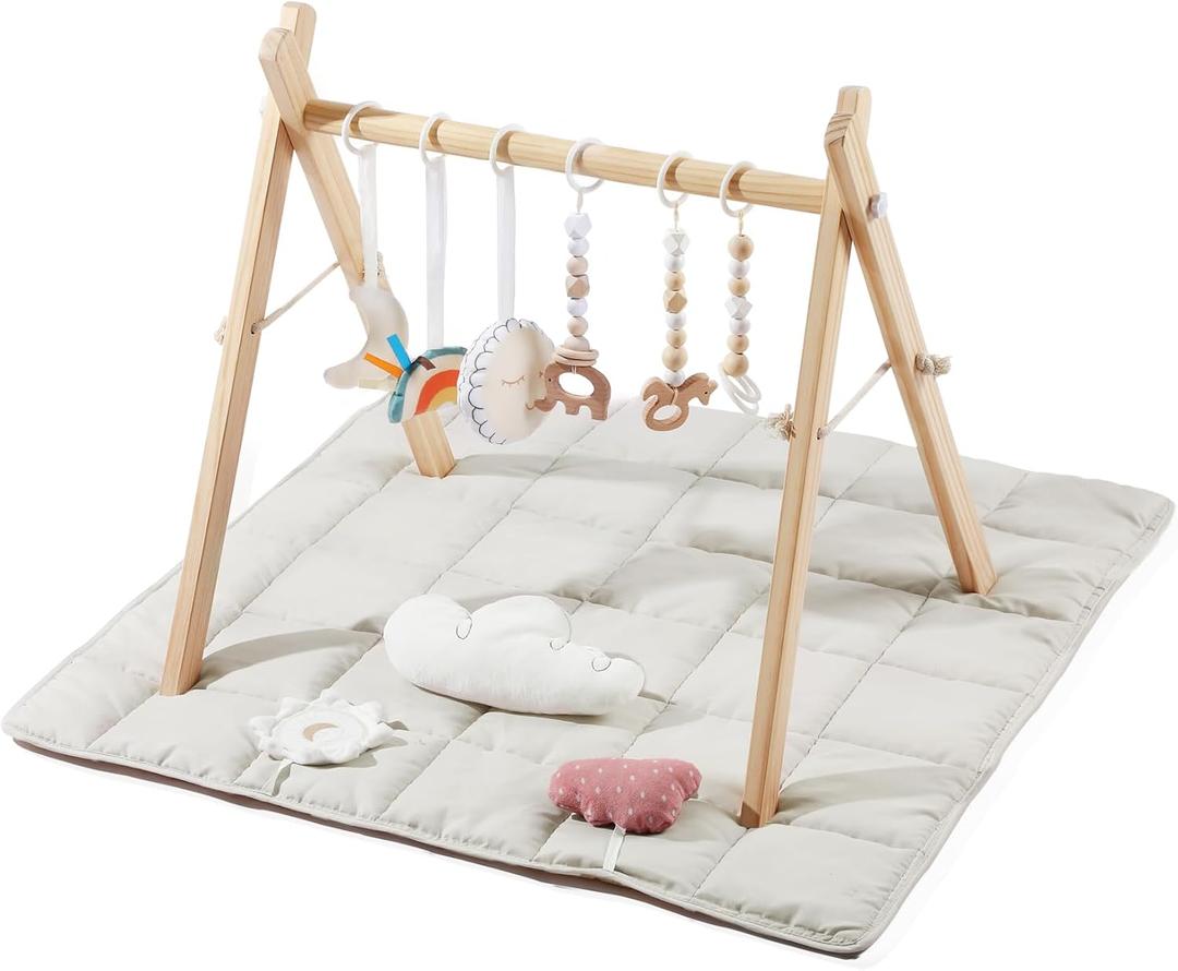 little dove Baby Gym with Mat, Wooden Play Gym with 9 Sensory Toys, Foldable Baby Play GymFrame Activity Center, Natural Pine Wood, Montessori Toys, Easy to Assemble & Clean, Natural Color, Medium