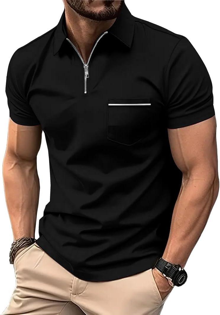 ZITY Mens Polo Shirts Quarter Zip Shirts Casual Classic Lightweight Short Sleeve Golf Collared Shirt with Pocket,2XL