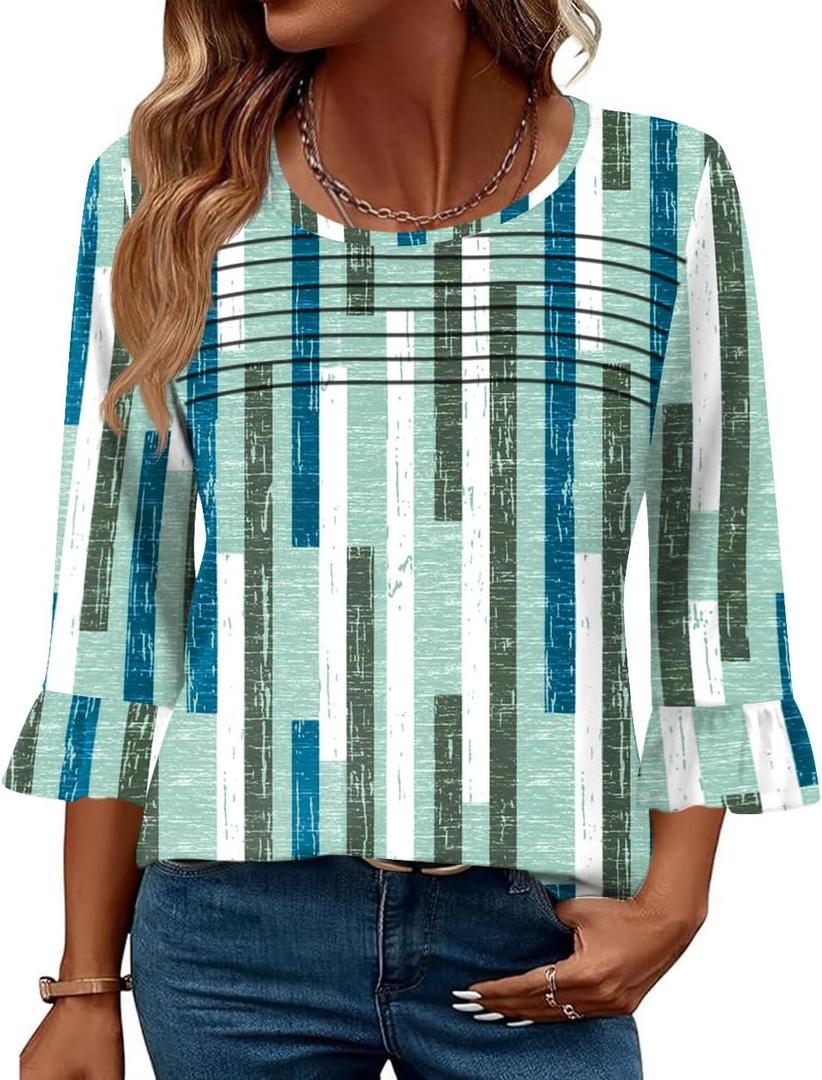 Blingfit Womens Tops 3/4 Length Sleeve Dressy Casual Shirts Bell Sleeve Front Pleated Fasion Trendy Summer Blouses 2026 (S)