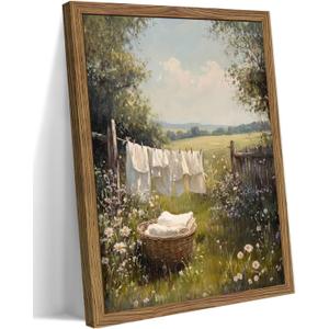 Vintage Wood Framed Laundry Room Wall Art, Farmhouse Clothesline Decor, 24"L x 16"W