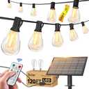 Solar String Lights for Outside 100FT with Remote 8 Lights Mode, Weatherproof Shatterproof S14 LED Bulb 34 Sockets, Outdoor Patio Light for Backyard Porch Cafe