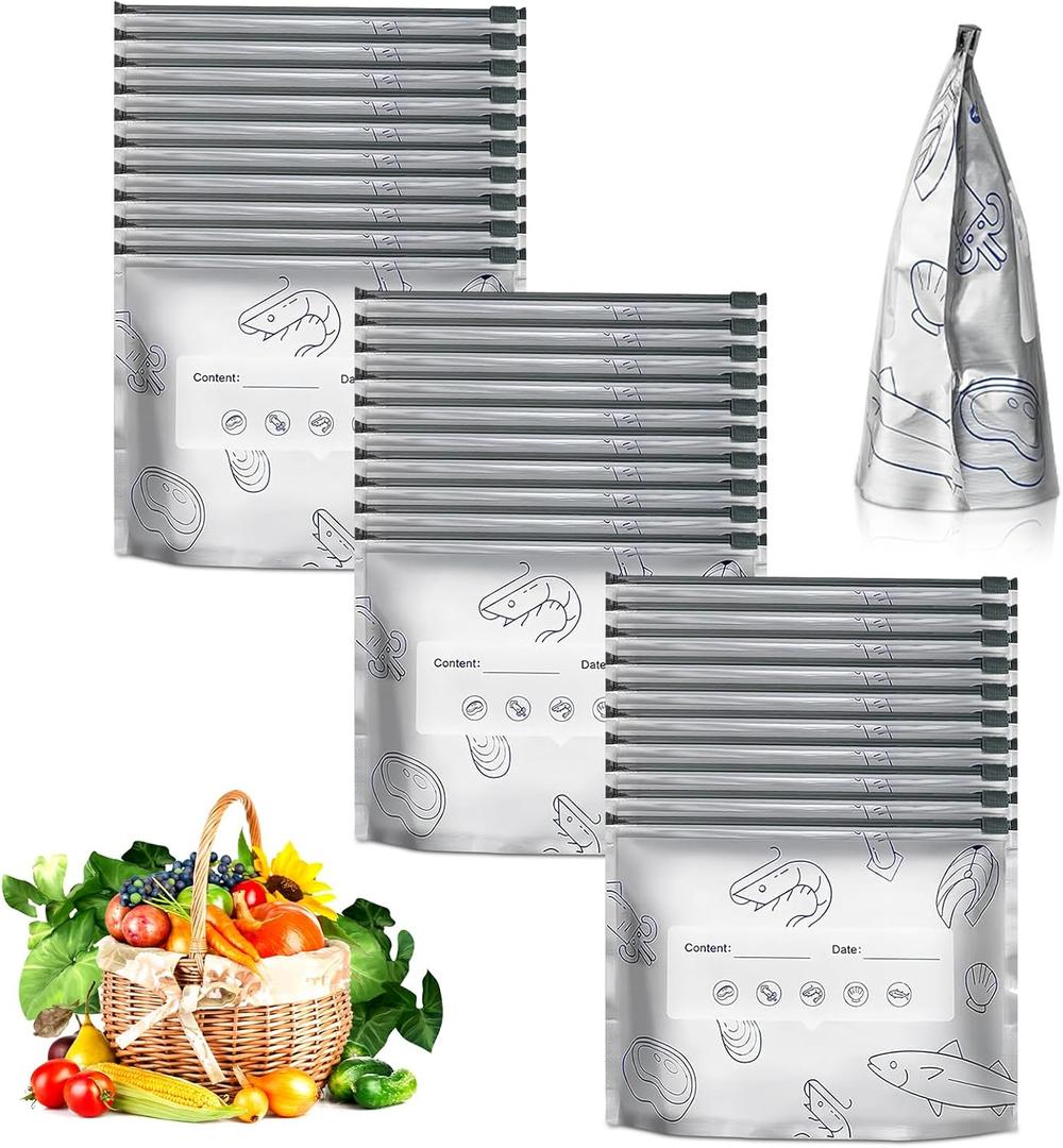 Reusable Aluminum Foil Sealable Storage Bags,30PCS Resealable Vacuum Zipper Pouches for Food, Stand Up Foil Sealable Bags with Label and Zip Lock for Vegetable Fruit Meat