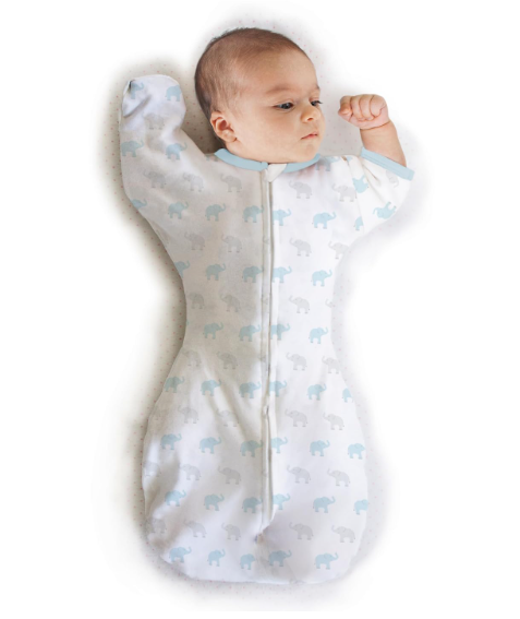 Amazing Baby - Transitional Swaddle Sack - Arms Up 1/2-Length Sleeves & Mitten Cuffs, Tiny Elephants, Sterling, Size Small 0-3 MonthsOld, White With Elephants 