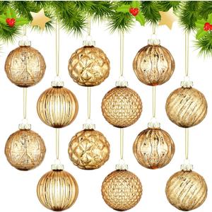 Jenaai 12 Pcs 2.36 Inch Champagne Glass Christmas Ball Ornaments Vintage Christmas Tree Decorations Mercury Glass Hanging Ornaments for Holiday Xmas Trees Party Garland DIY Craft Supplies, 6 Style