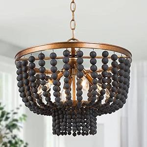 Black Beaded Chandelier, 4-Light Boho Farmhouse Chandelier for Dining Room, Bedroom, Hallway, Antique Gold Finish with Rustic Wood Bead Strands, 15.5" Dia