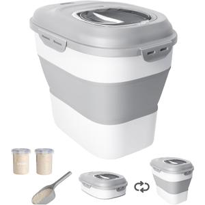 20-50 Lbs Food Storage Container With Wheel, Airtight Locking Lid, Collapsible Rice Container, Flour Storage With Small Container and Scoop, Suitable for Pet Food