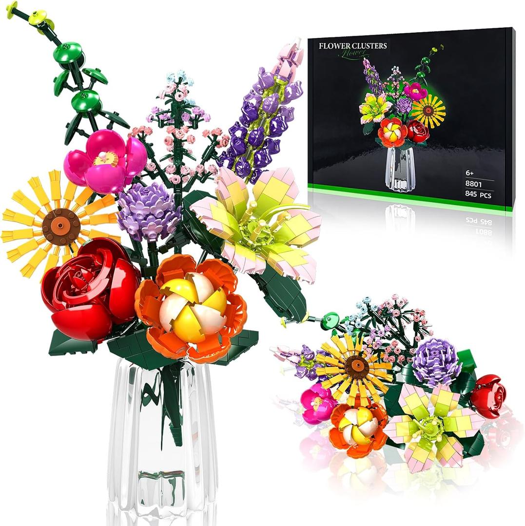 Flowers Bouquet Building Sets, Artificial Flower Plants for Botanical Collection and Decorative Home, for Girls Women Adults Ages 6+, Birthday Valentine's Day Gift for Her, No Vase