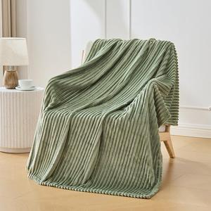 Bnuitland Sage Green Fleece Throw Blanket for Couch, 300GSM Soft Warm Cozy Fluffy Throw for Adults & Kids, Stripe Pattern 60"x80", All Season Sofa Bed Blanket for Home Decor