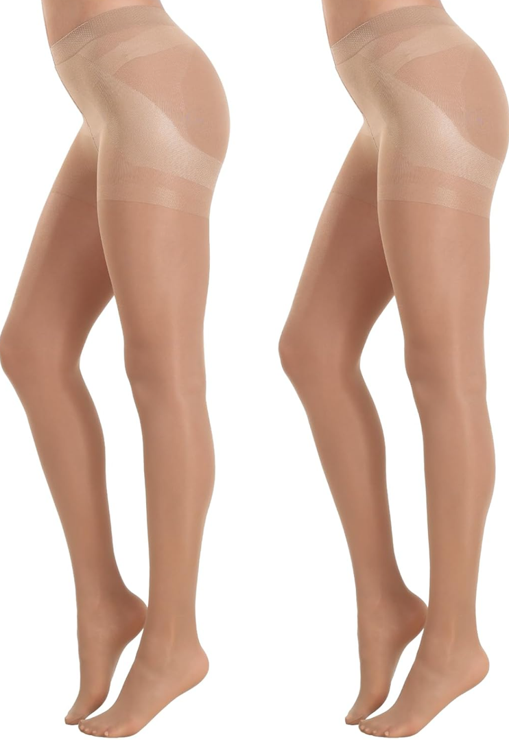 MANZI 2 Pairs Women's Sheer Tights 40D High Waist Control Top Pantyhose Thigh High Stockings with Reinforced Toes S