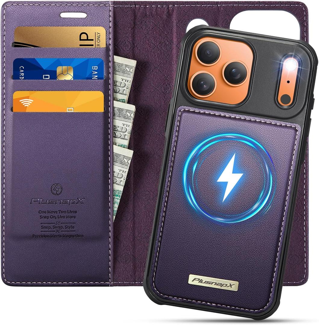 Wallet Case for iPhone 17 Pro Max Compatible with Magsafe, 2-in-1 PU Leather Flip RFID Blocking Card Holder Stand Shockproof Magnetic Detachable Cover for iPhone 17 Pro Max, Fashion Purple