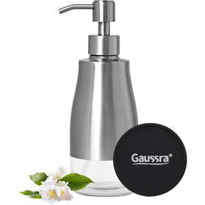 Gaussra Soap Dispenser with Coaster and Stickers, Brushed Nickel Stainless Steel Case Glass Liner Hand Pump Dispenser, Refillable Liquid Hand Soap Dispenser for Bathroom & Kitchen (11OZ / 320ML)