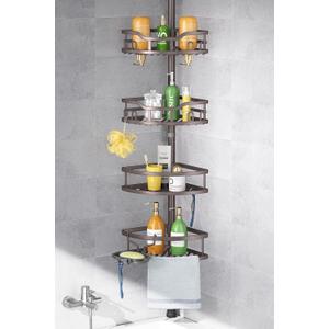 HAMITOR Corner Shower Caddy Tension Pole: Rustproof Stable 4-Tier Bathroom Organizer Shelves for Bathtub Shampoo Storage - 47-121 Inch Quick Install Adjustable Standing Rack with Soap Rack - Bronze
