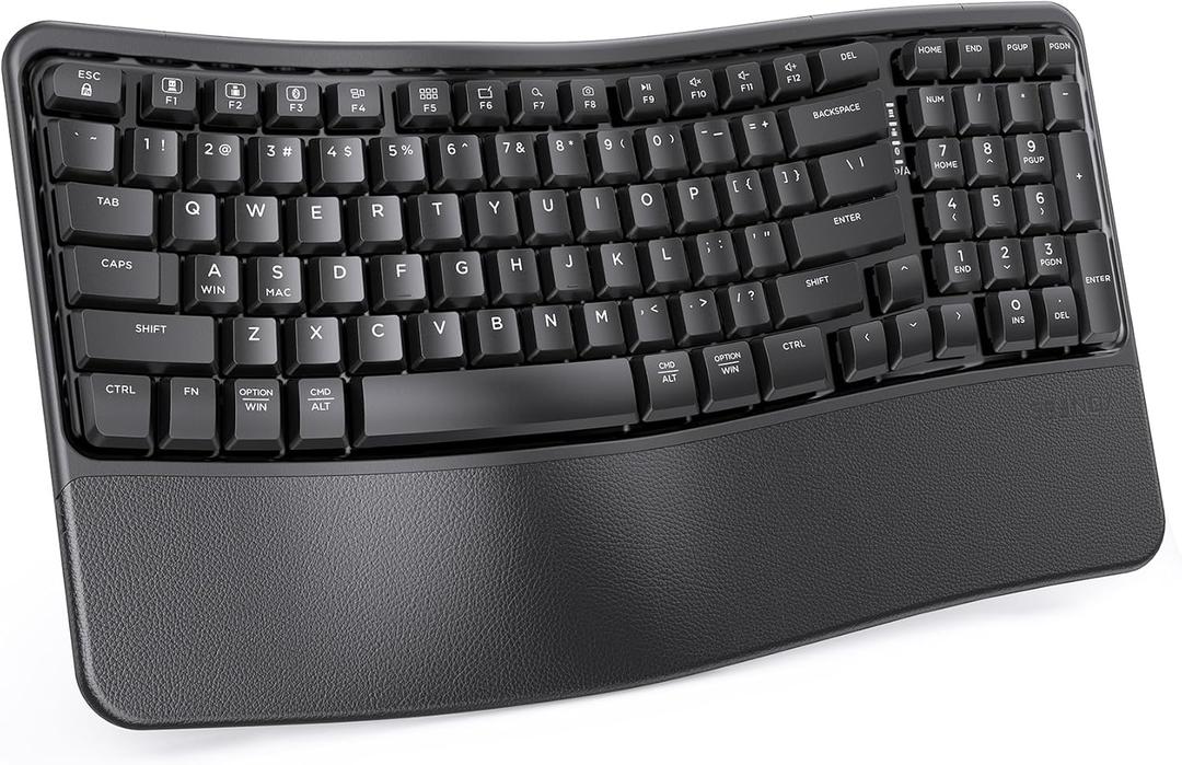 seenda Bluetooth Ergonomic Keyboard, COE311 Wireless Keyboard with 3 Multi-Device Connectivity, Rechargeable, Wave Keys, Soft Wrist Rest, Compatible for Windows/macOS/PC/Laptop/MacBook/iPad - Black